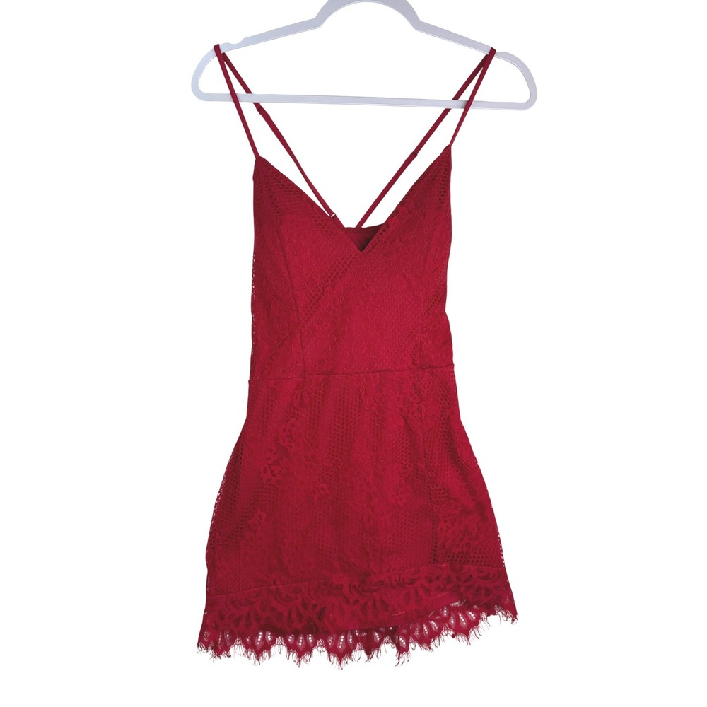 Charlotte Russe Red Lace Mini Dress V-Neck Strappy Back Eyelash Trim Size L
